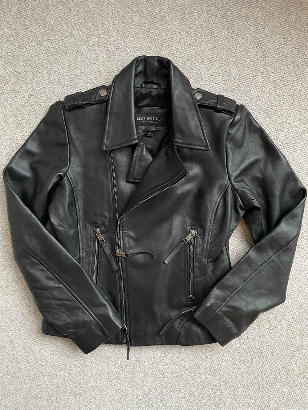 LeatherCult “Jennifer Aniston” Black Nappa Leather Moto Jacket, Small / Medium